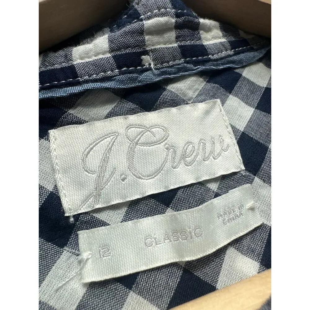 J. Crew Classic Fit Button Down Shirt in Crinkle Gingham Navy White Size 12